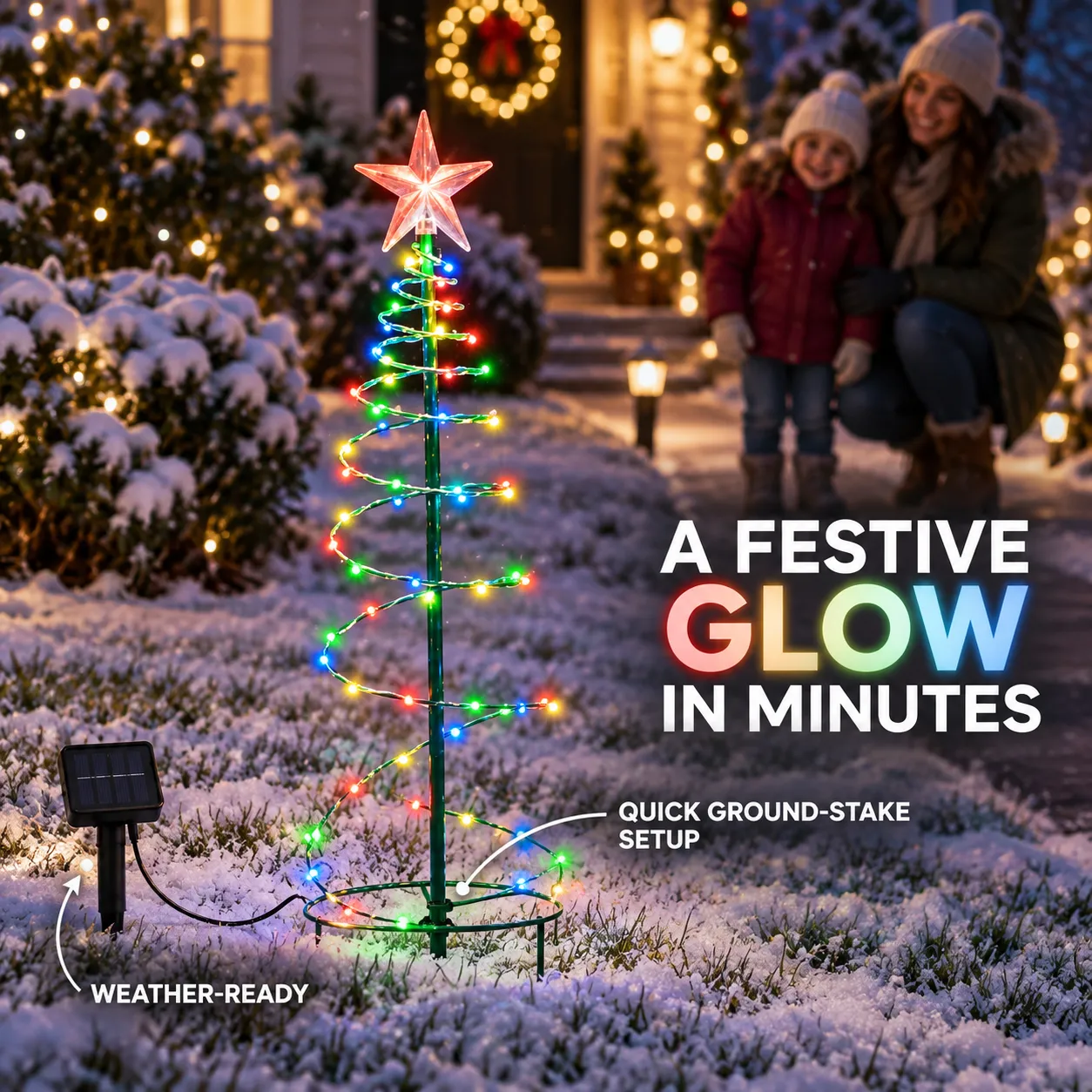 Multicolor solar spiral Christmas tree light in a snowy front yard