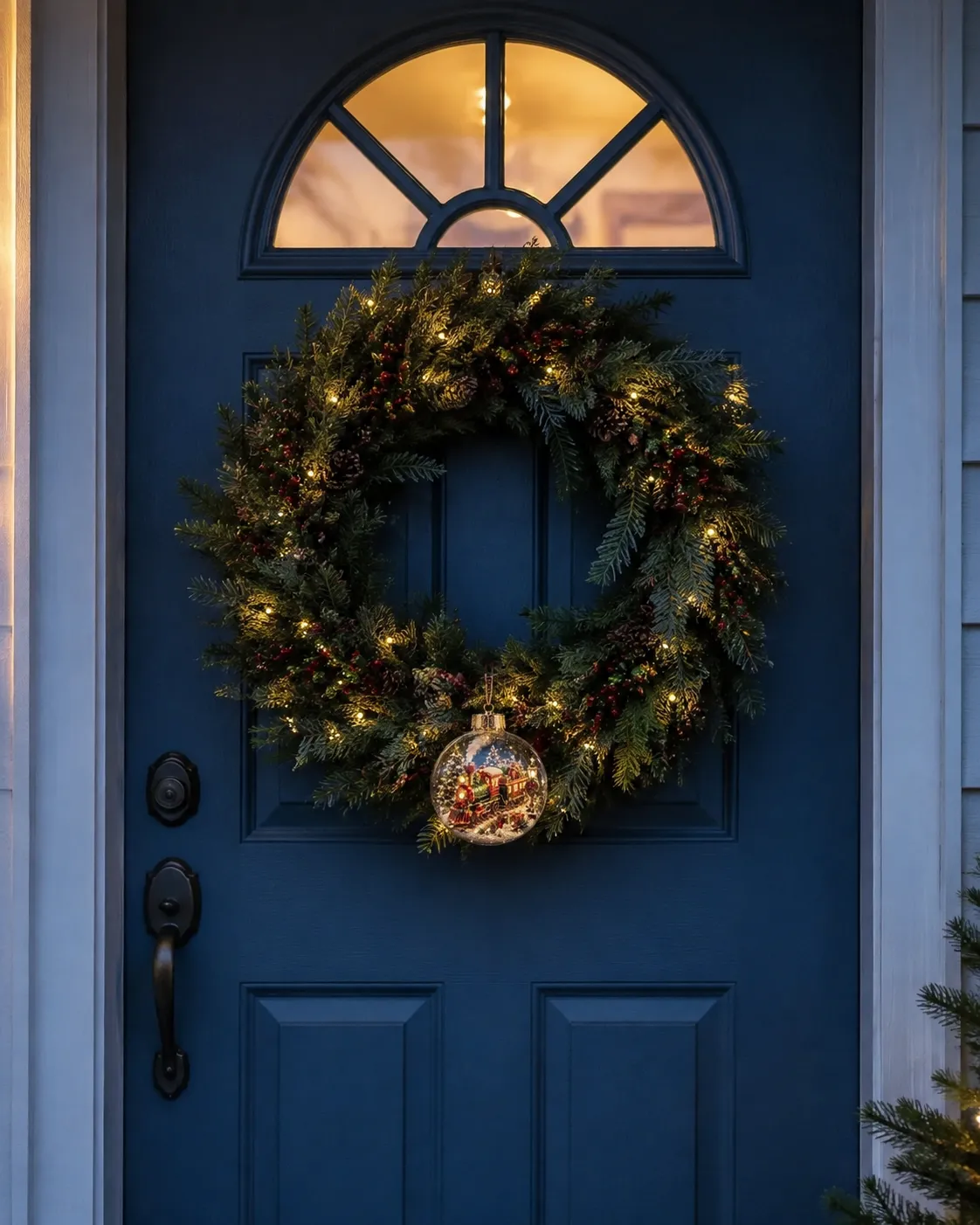 Christmas train ornament hanging from a front-door wreath