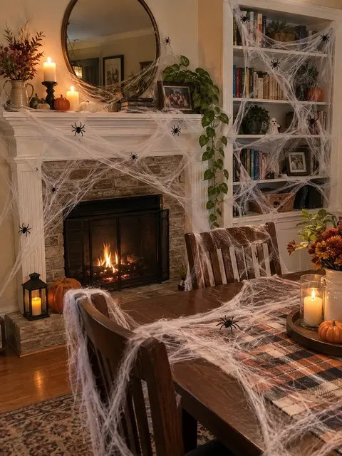 White spider web arranged around a fireplace, bookcase, and dining table
