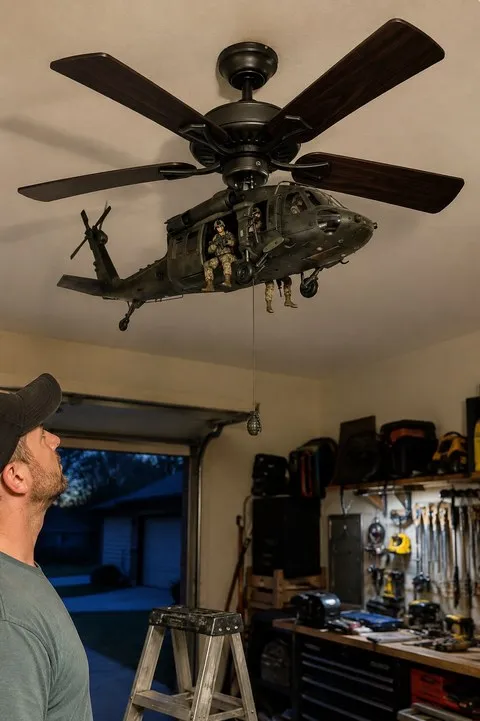 Helicopter ceiling fan attachment displayed in a home garage workshop