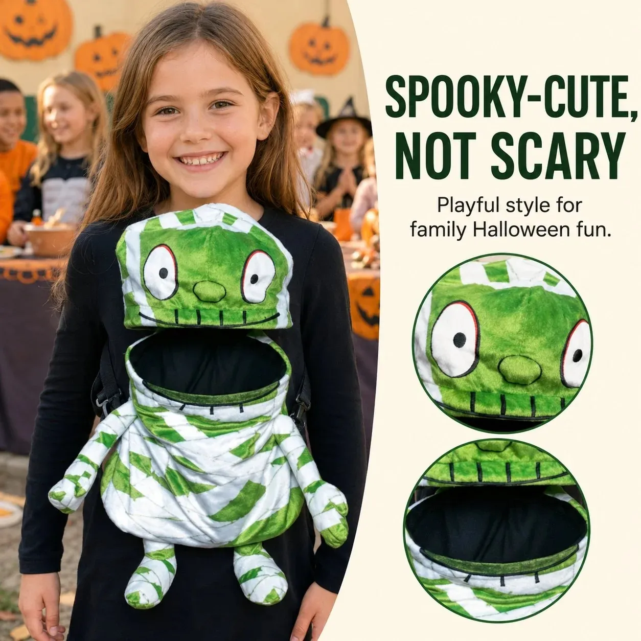 Playful green mummy character bag at a family Halloween party