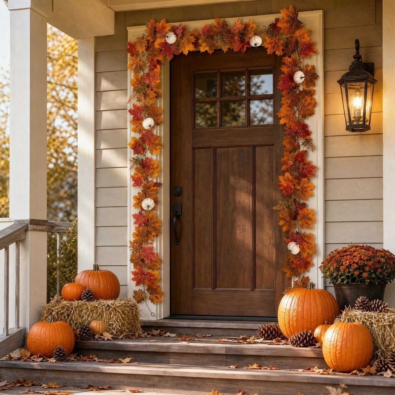 Fall maple leaf garland framing a front door