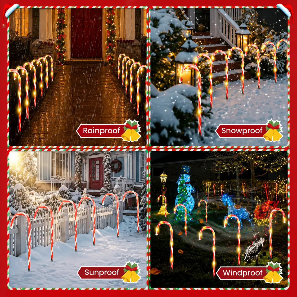 Candy cane lights decorating walkways and yards in different holiday weather