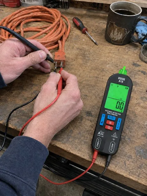 Smart pen multimeter checking an extension cord on a garage workbench