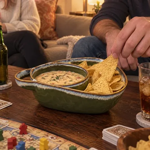 Army green divided ceramic bowl serving chips and dip on game night