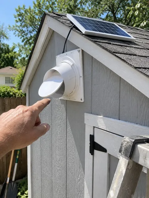 Solar exhaust fan installed on a backyard shed after setup