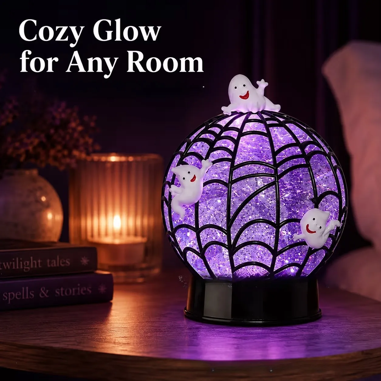 Ghost edition globe adding a cozy purple glow to a room