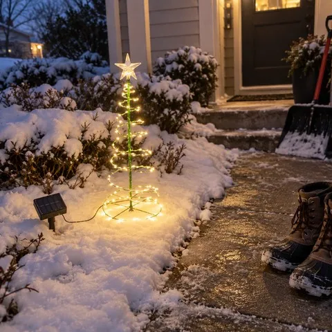Warm-white spiral tree light beside a snowy front walkway