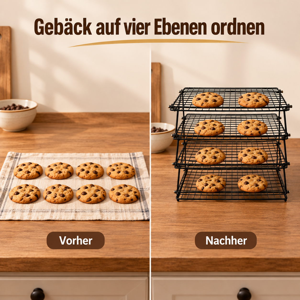 Vorher und nachher: dieselbe Anzahl Plätzchen flach abgelegt und auf vier Gitterebenen verteilt