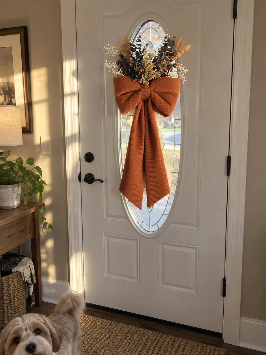 Harvest bow displayed on a white entry door; foliage shown is styling only