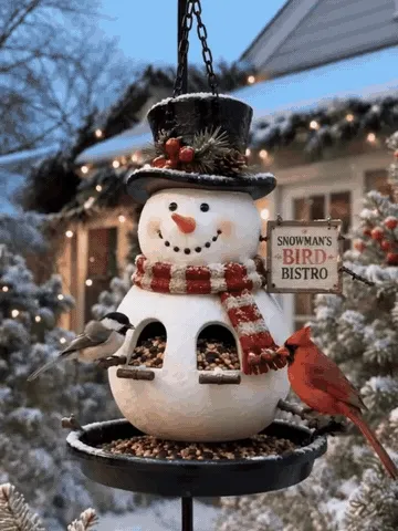 Snowman bird feeder being filled and enjoyed by backyard birds