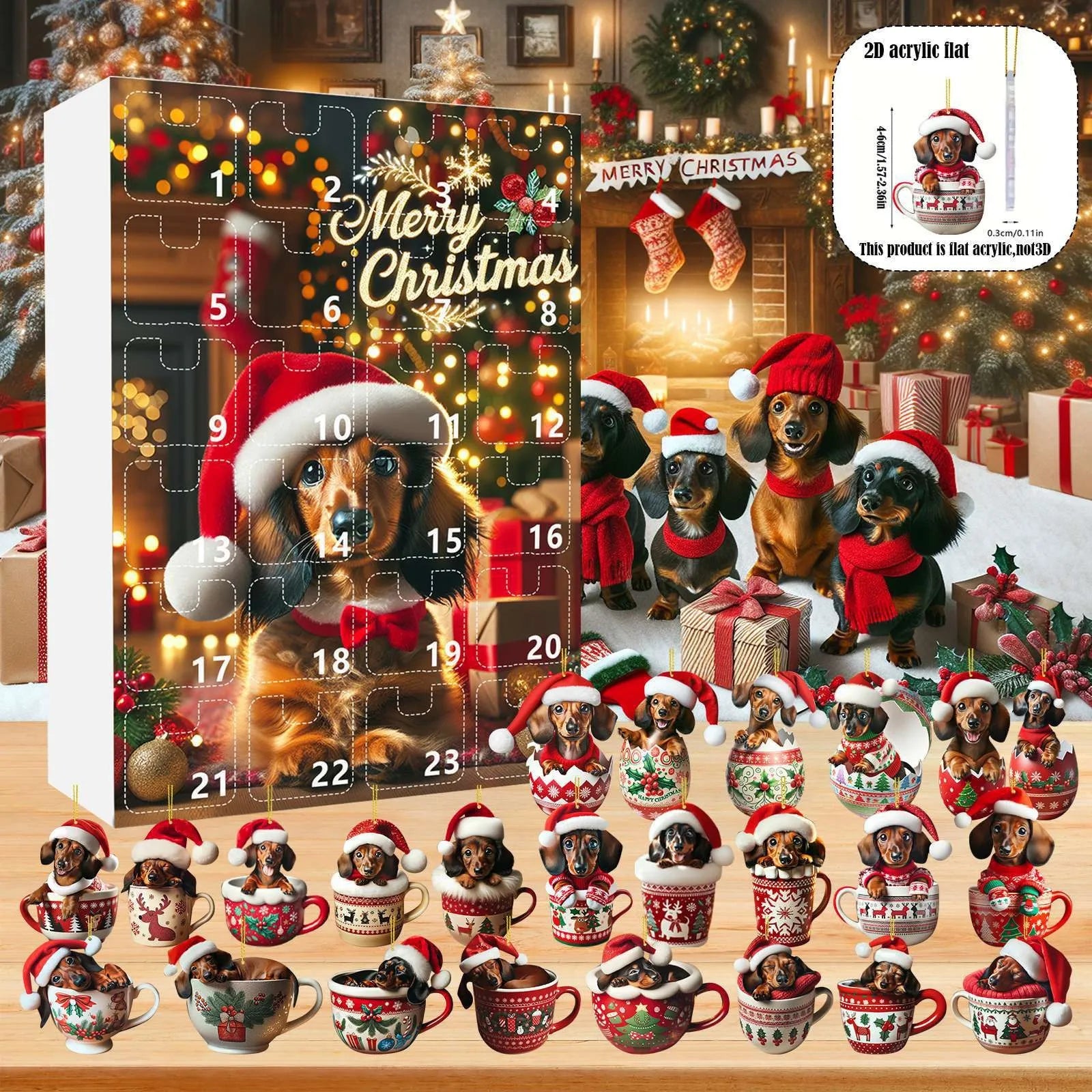 Dog advent calendar box, flat acrylic ornament detail, and included designs