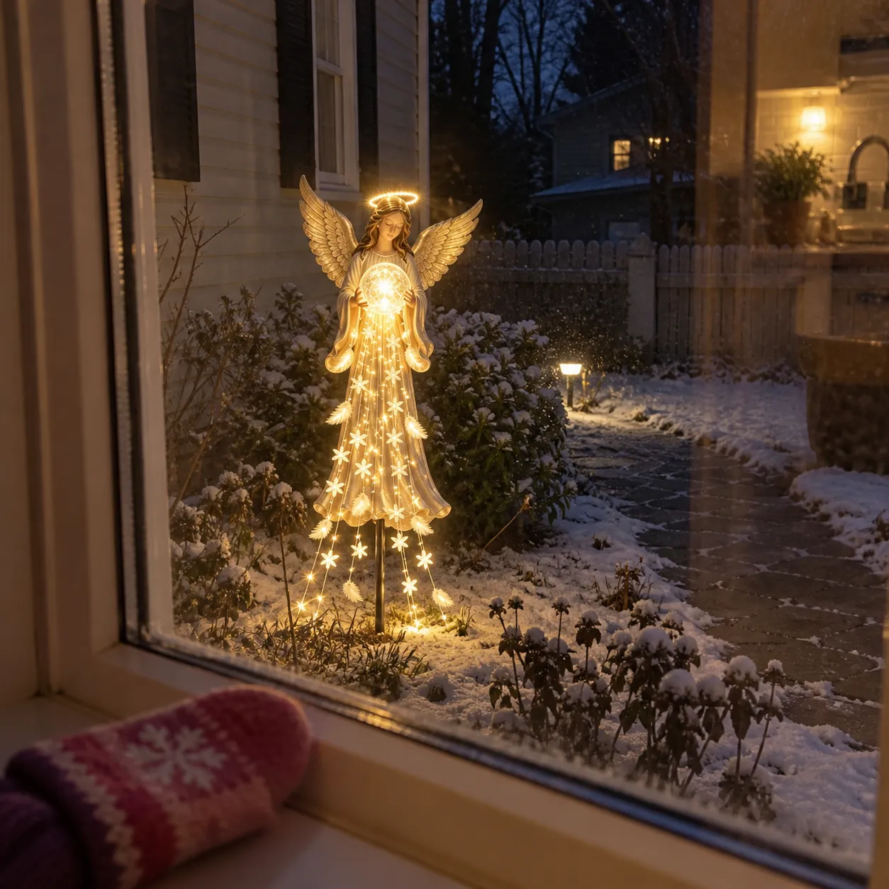 Angel light glowing beyond a winter kitchen window