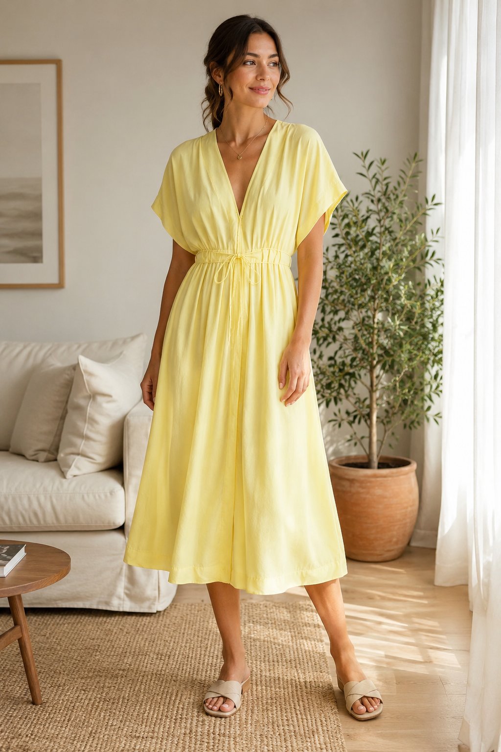 Plissiertes Midikleid mit kurzen Ärmeln und Taschen