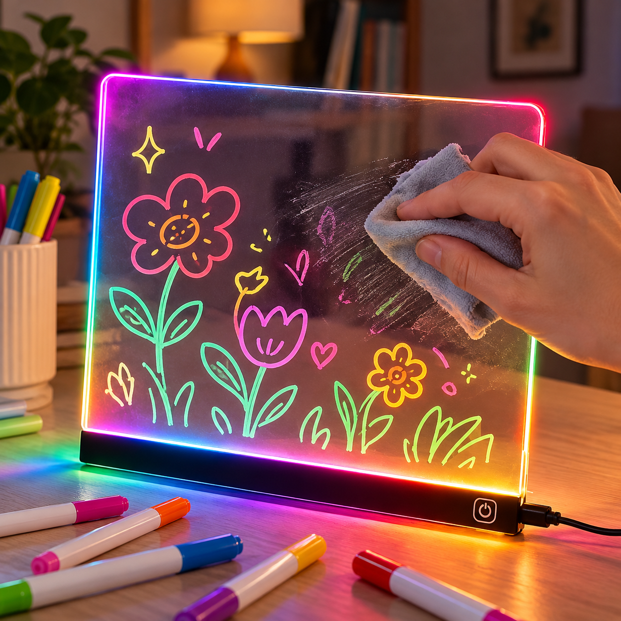 Eine Hand wischt die Vorderseite der Acryltafel mit einem Tuch ab