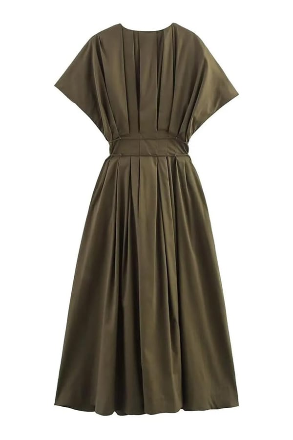 Plissiertes Midikleid mit kurzen Ärmeln und Taschen