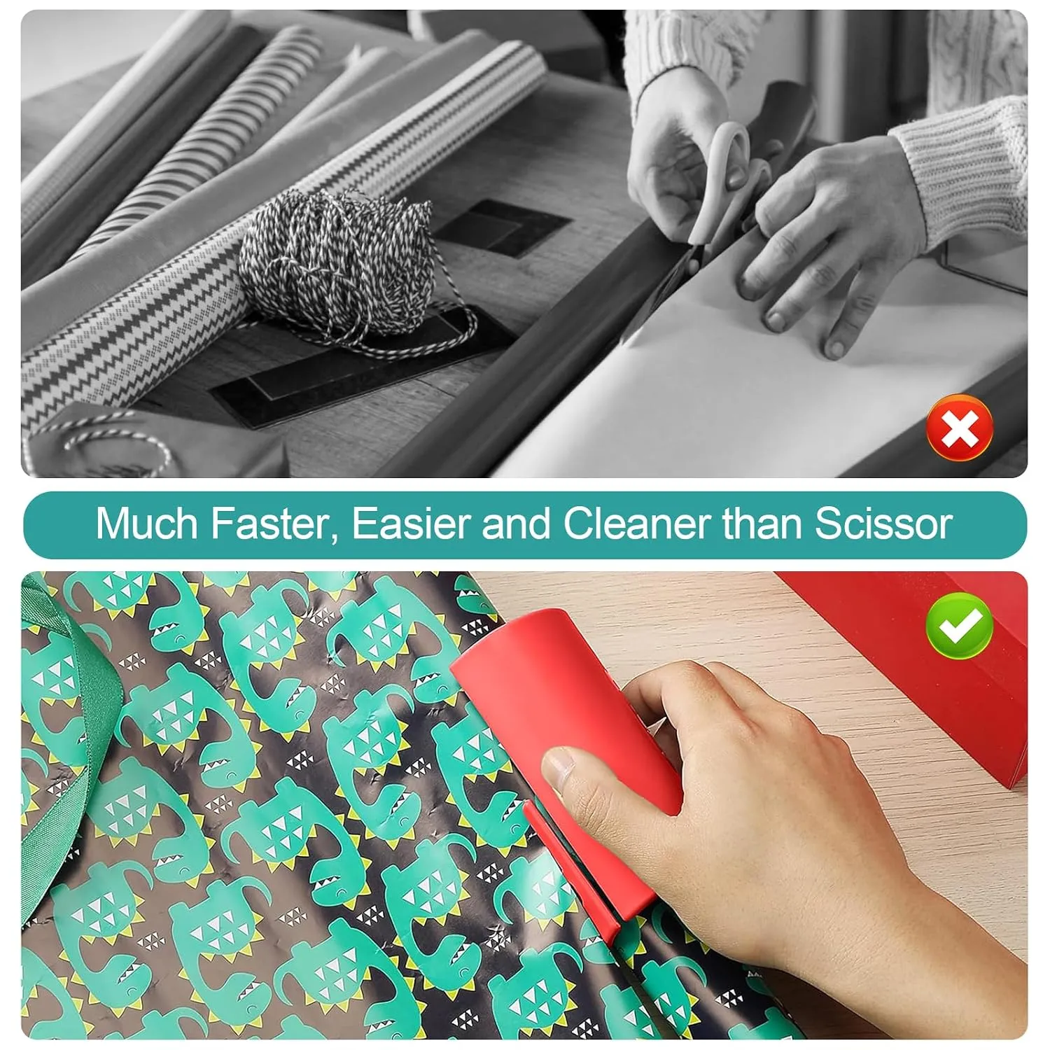 Scissors compared with a red roll-mounted wrapping paper cutter