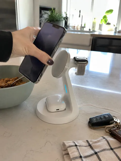 White charging stand in a bright everyday kitchen