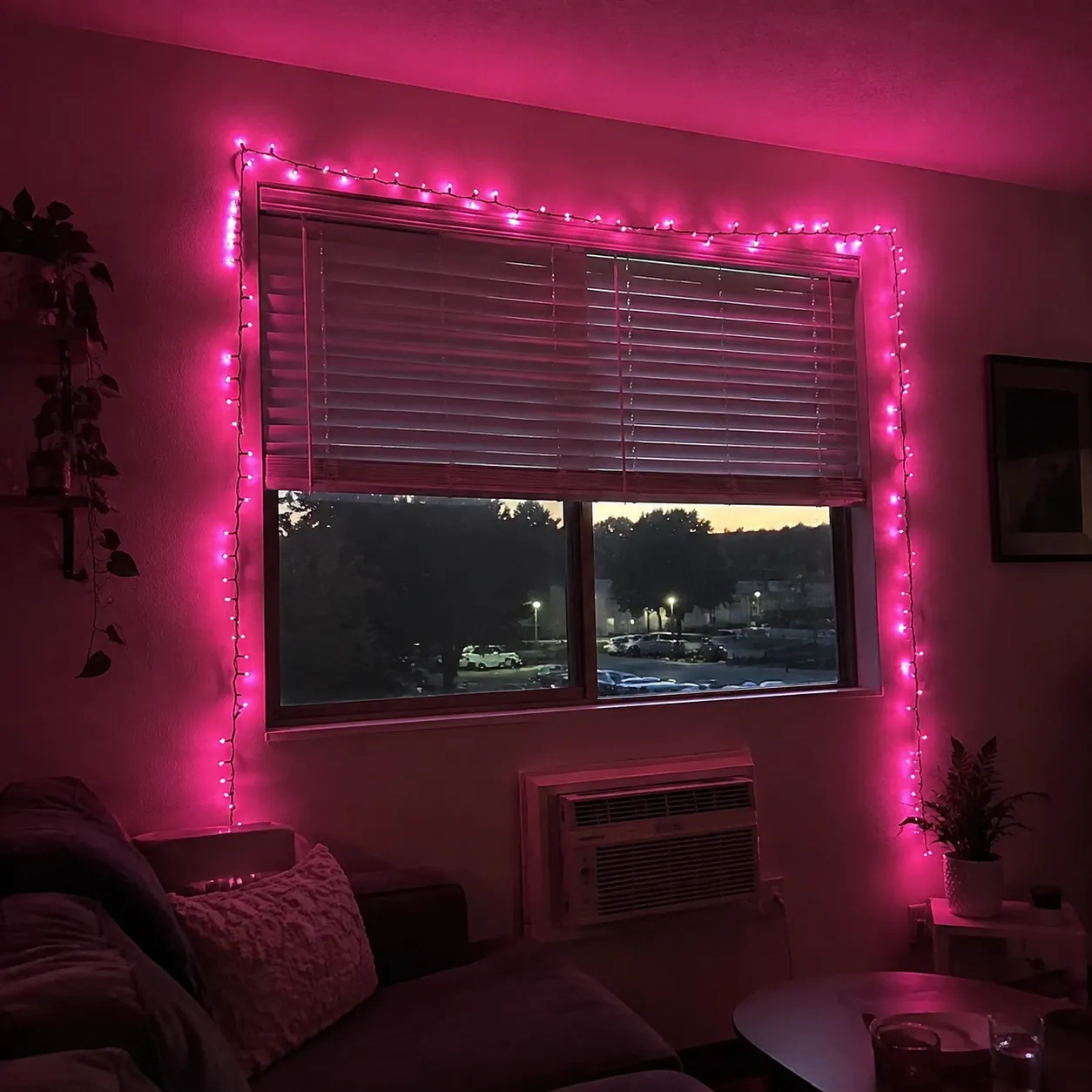 Pink lights around an apartment window
