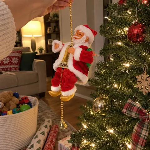 Red climbing Santa hanging beside a family Christmas tree