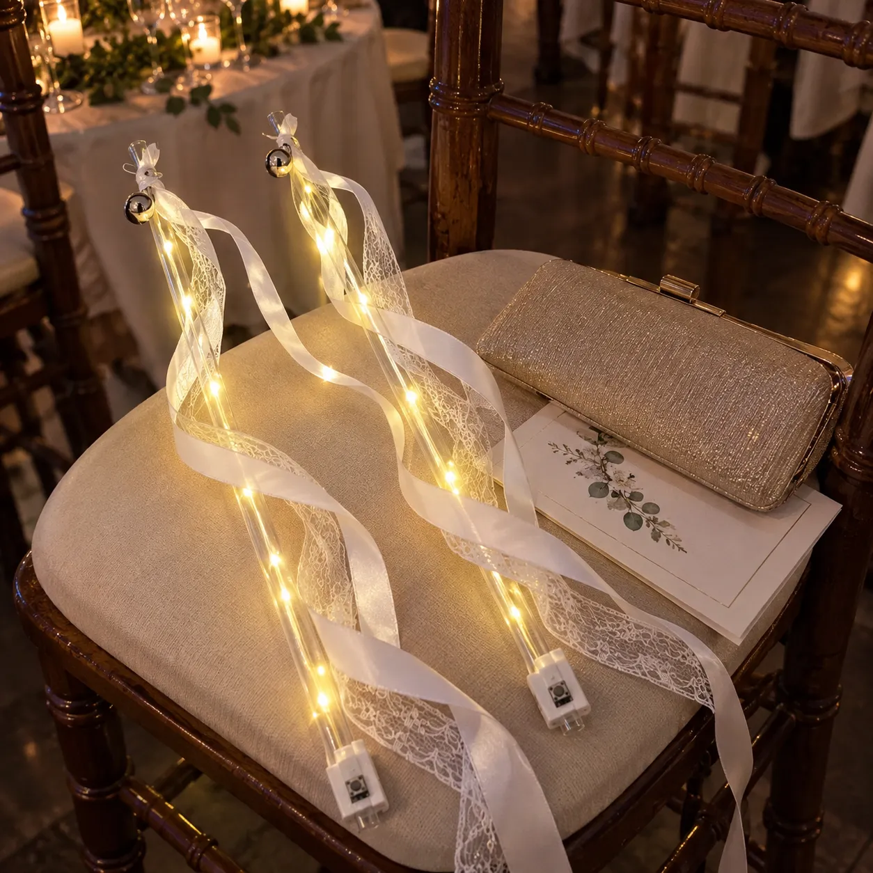 Two glowing ribbon fairy wands resting on a chair after a reception