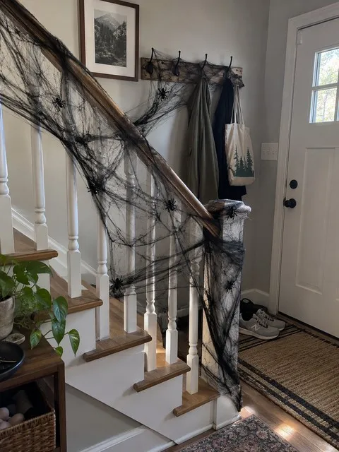 Black spider web spread across a home entry stair rail