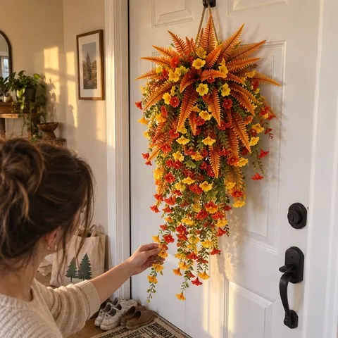 Autumn floral swag being adjusted on a white apartment door