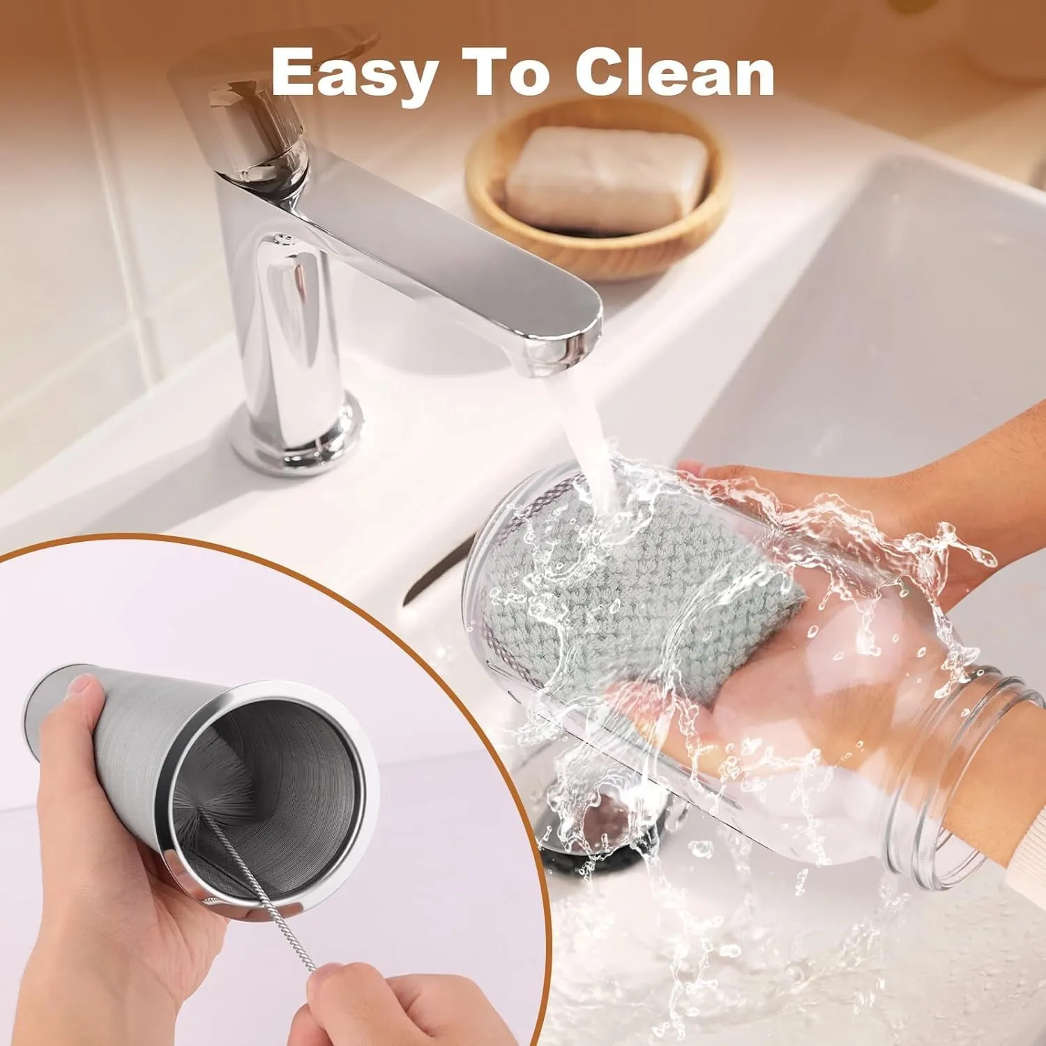 Glass pitcher and stainless steel mesh infuser being rinsed clean