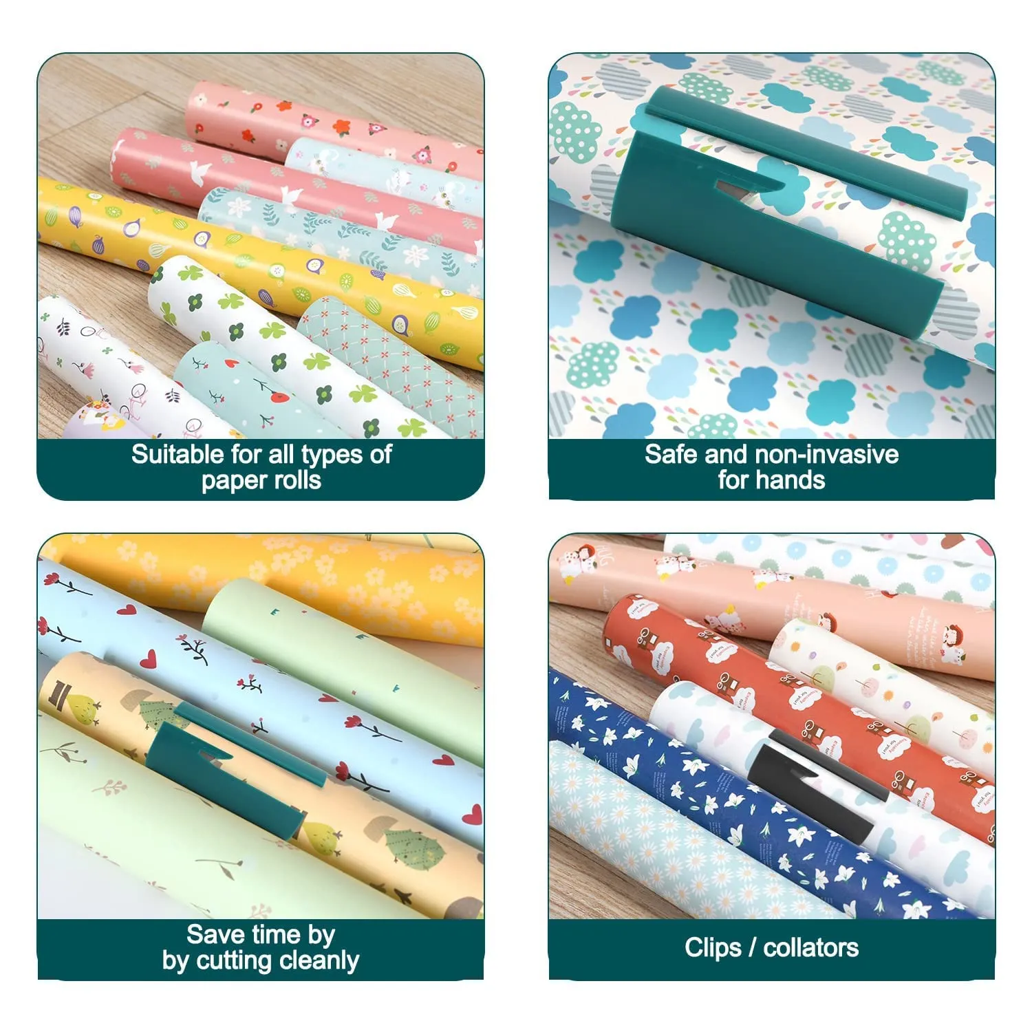 Wrapping paper cutter shown with several paper rolls and gift-wrap uses