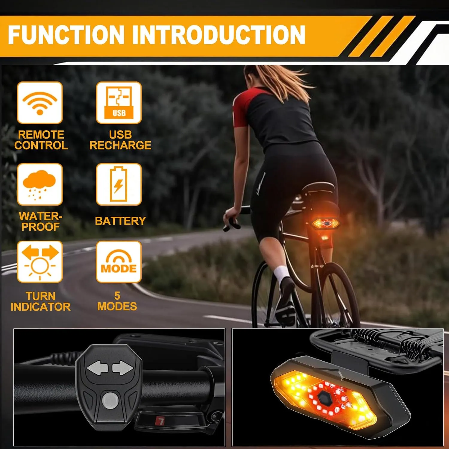 Wireless rechargeable water-resistant bike light with turn indicators and five modes