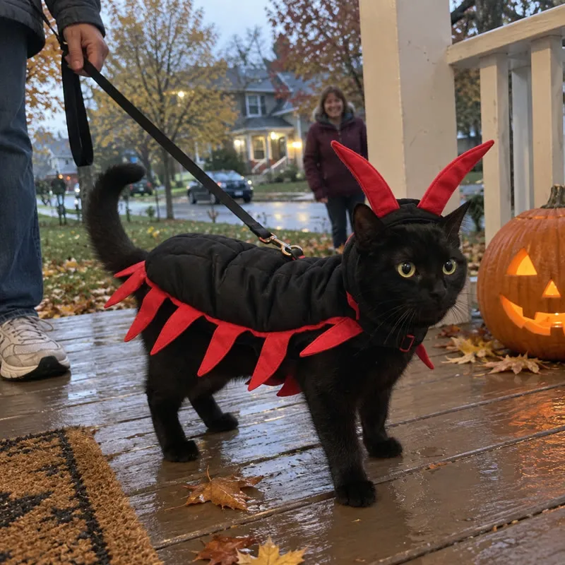 Black cat in a red centipede costume on a neighborhood porch