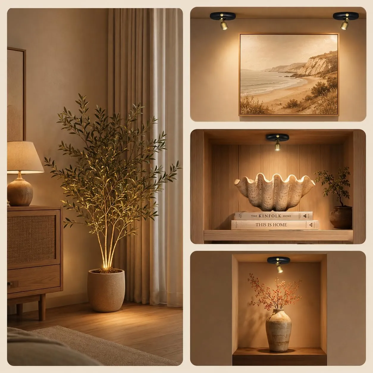 Spotlights used with plants artwork shelves and decorative niches