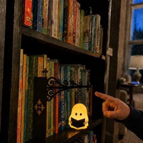Child pointing to a glowing reading ghost light among colorful books