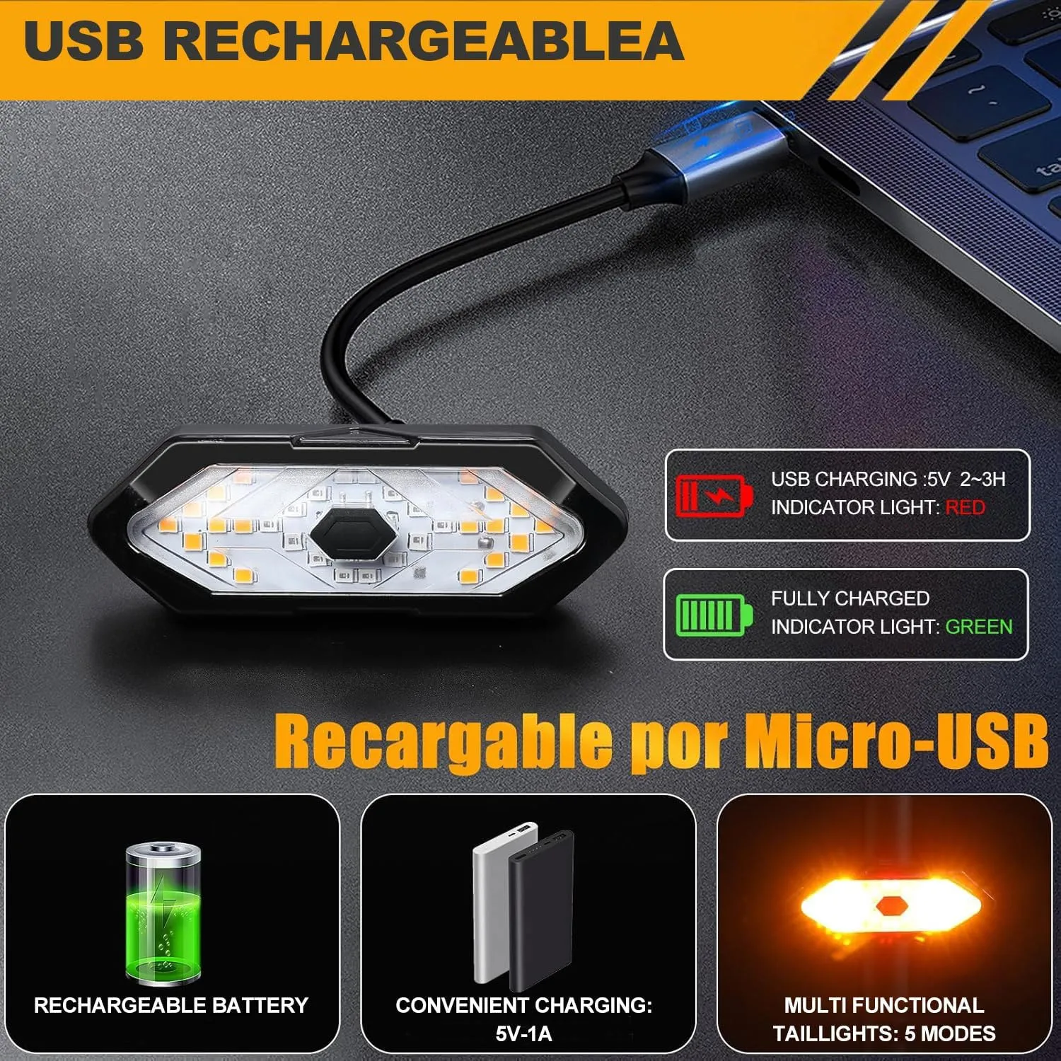 Micro-USB rechargeable bicycle tail light and charge indicators