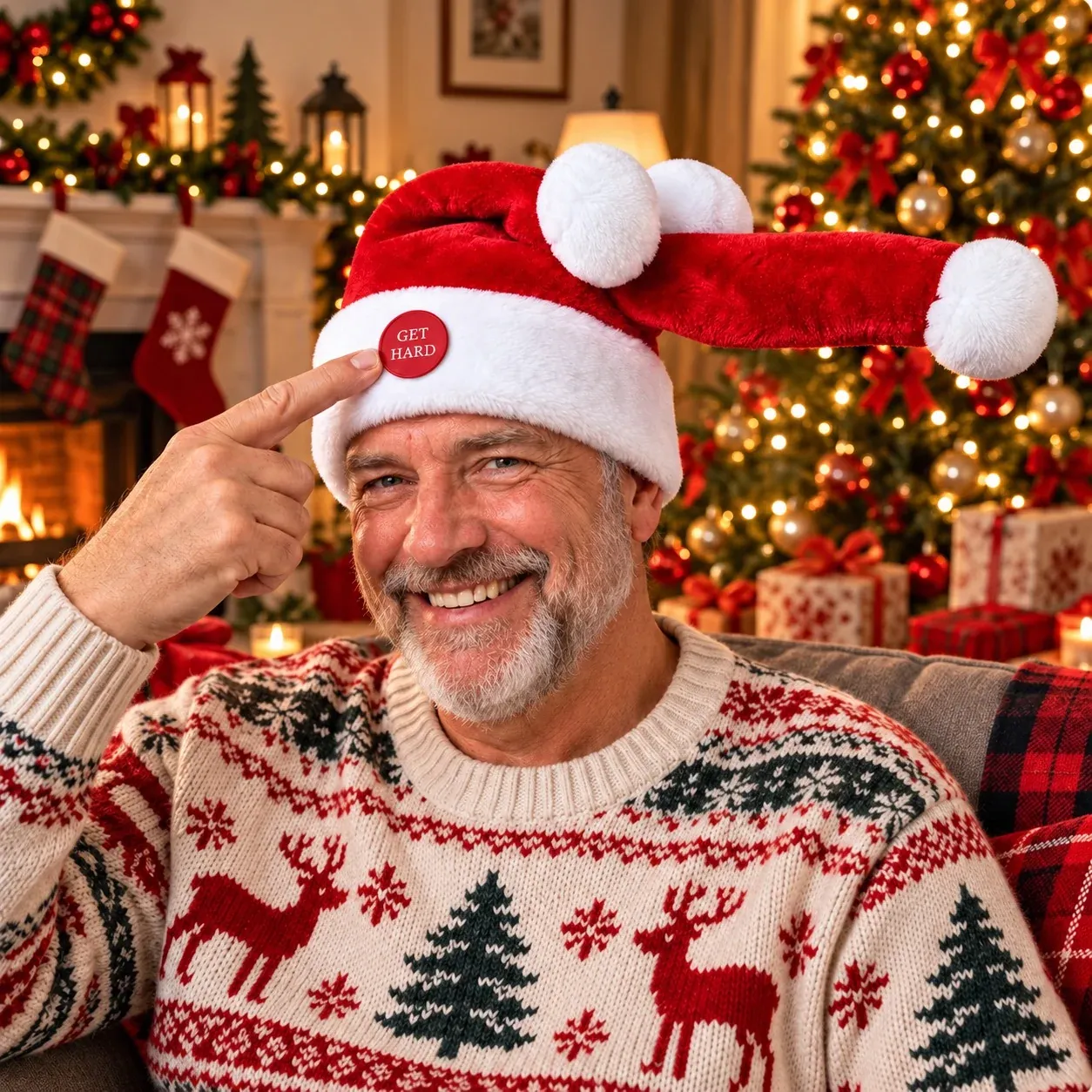 Lustige Weihnachtsmütze mit Druckmechanismus als interaktives Scherzgeschenk