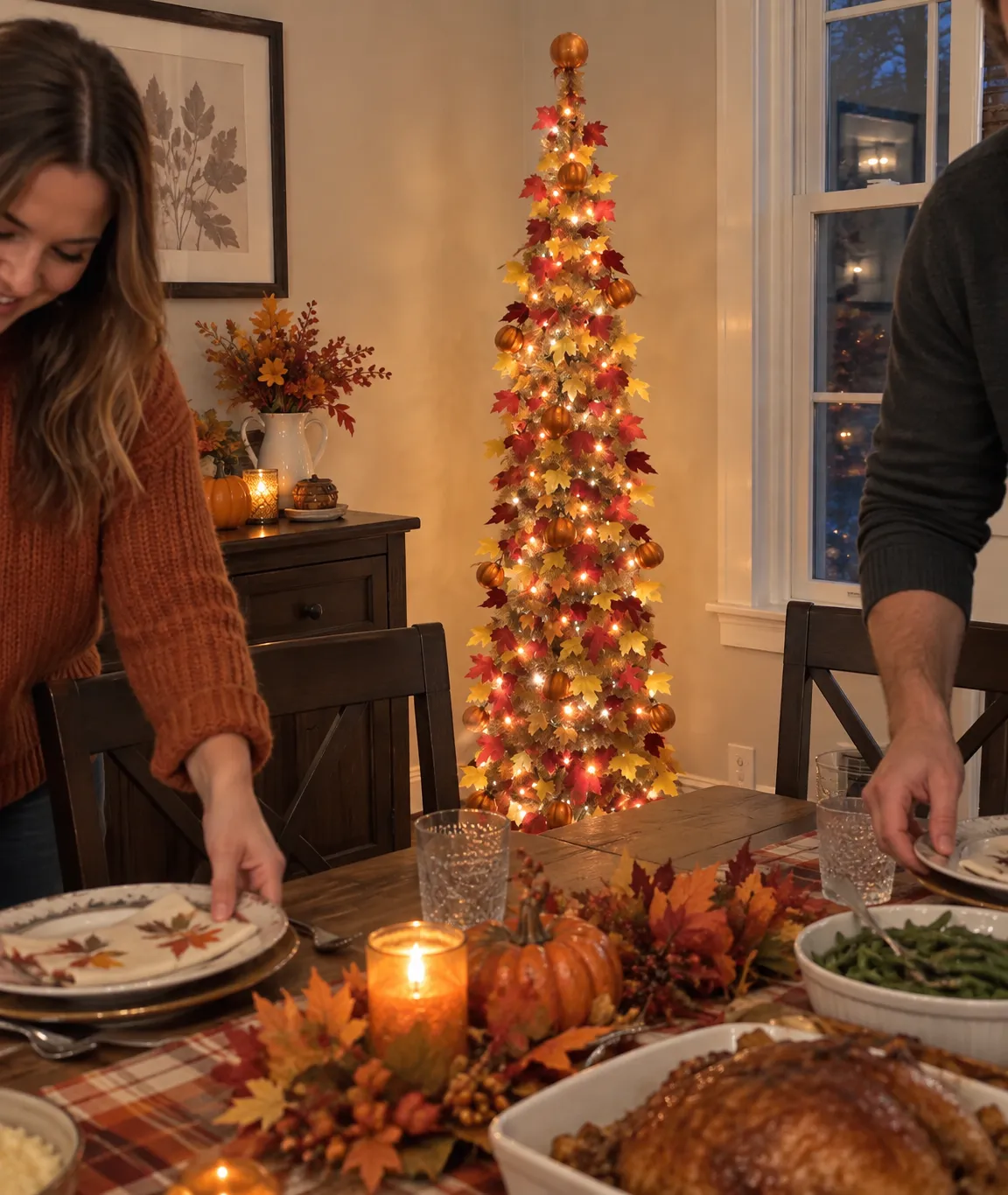 Illuminated fall tree in a family dining room before Thanksgiving dinner