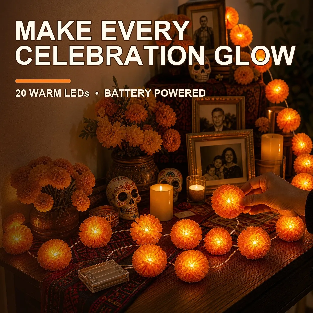 Lighted Marigold Flower String Lights - 10 ft, 20 Warm LEDs