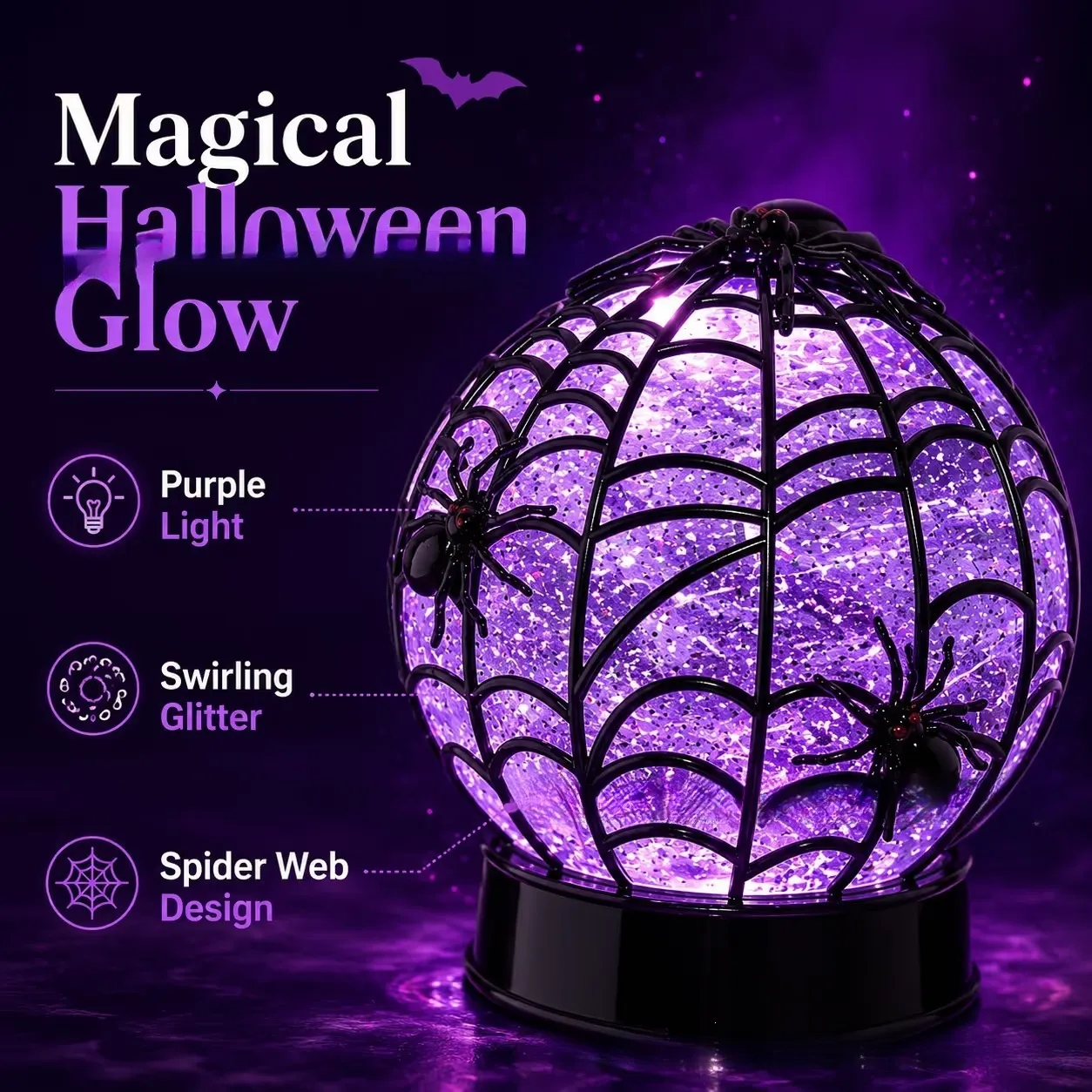 Spider globe close-up showing purple light, glitter, and web details