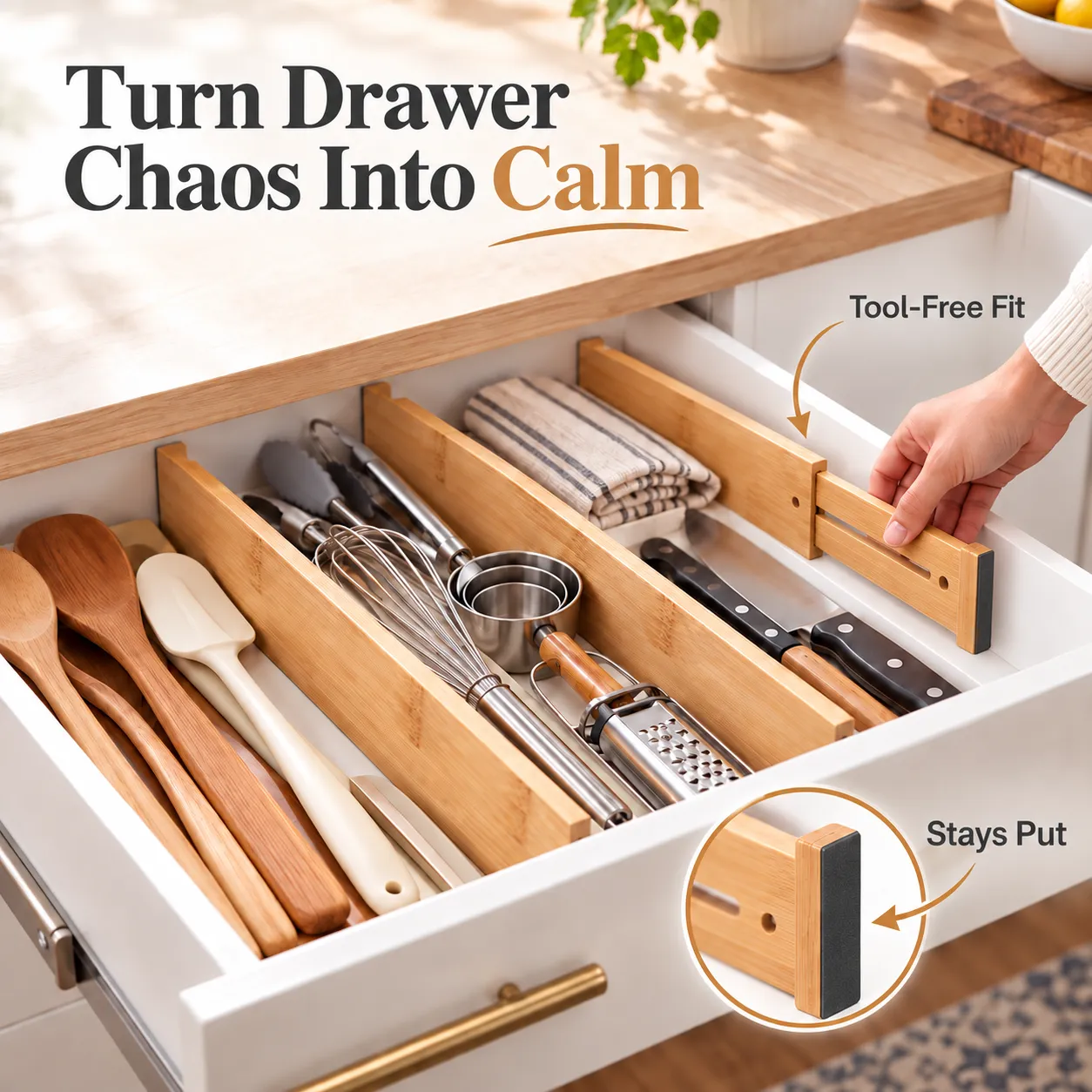 Organized kitchen drawer with expandable bamboo dividers