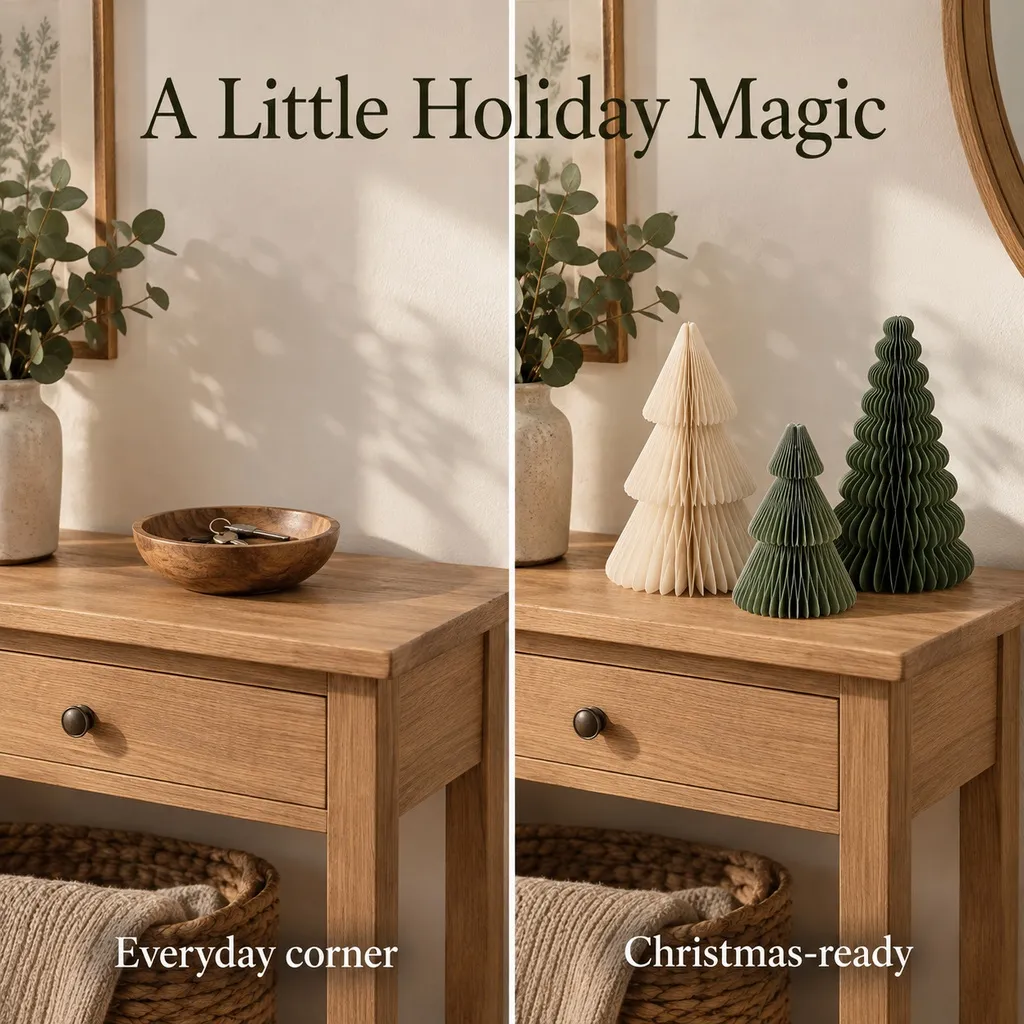 Everyday console before and after adding the three-piece tree set