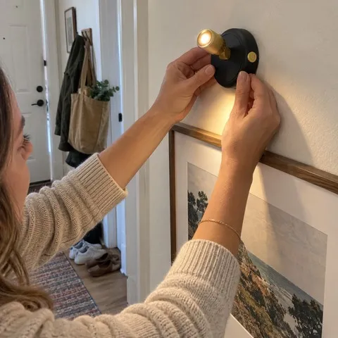 Installing a compact black and gold spotlight above framed artwork