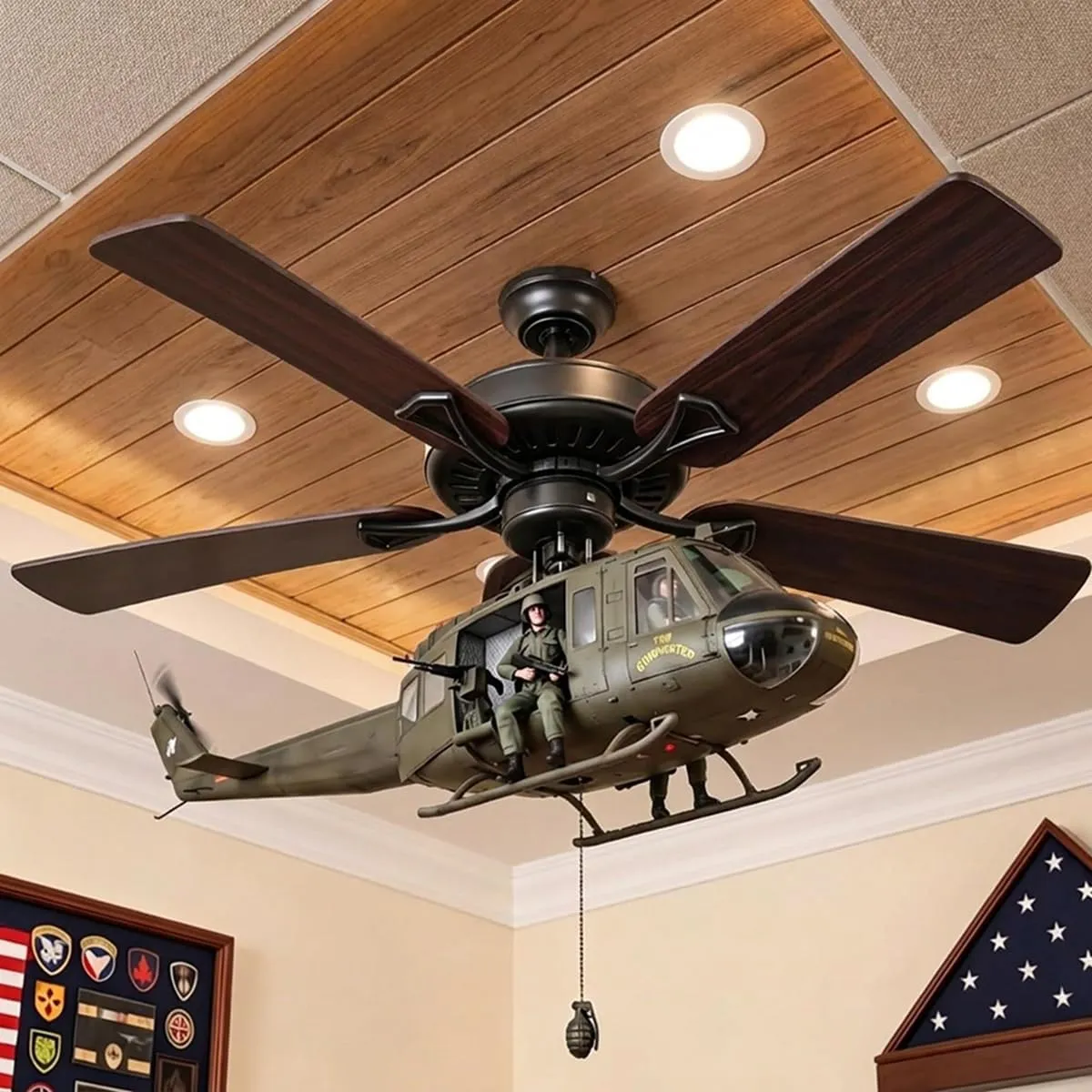 Huey style helicopter attachment beneath a ceiling fan in an aviation themed room