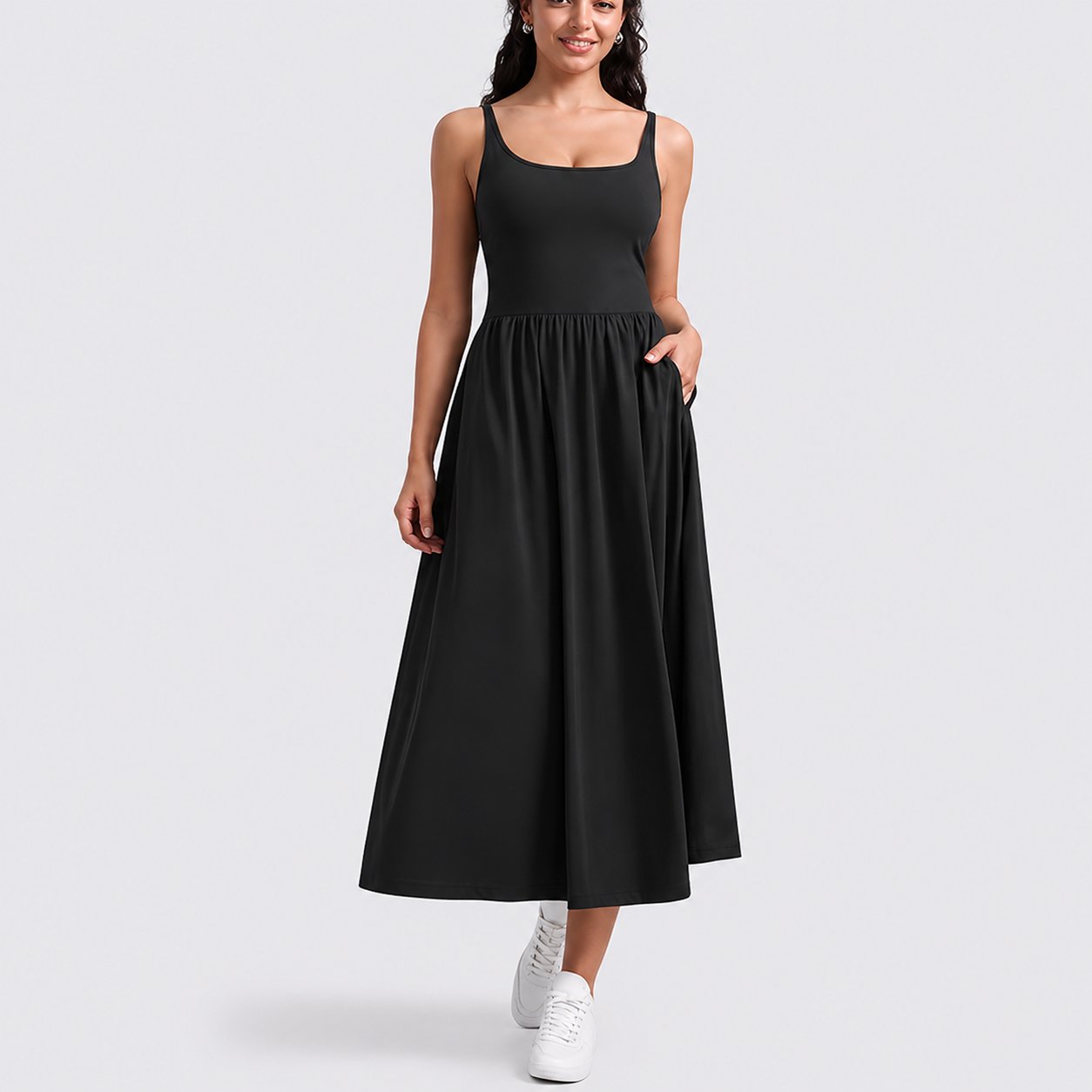 Gepolstertes ärmelloses Damen-Maxikleid mit Karree-Ausschnitt und Seitentaschen