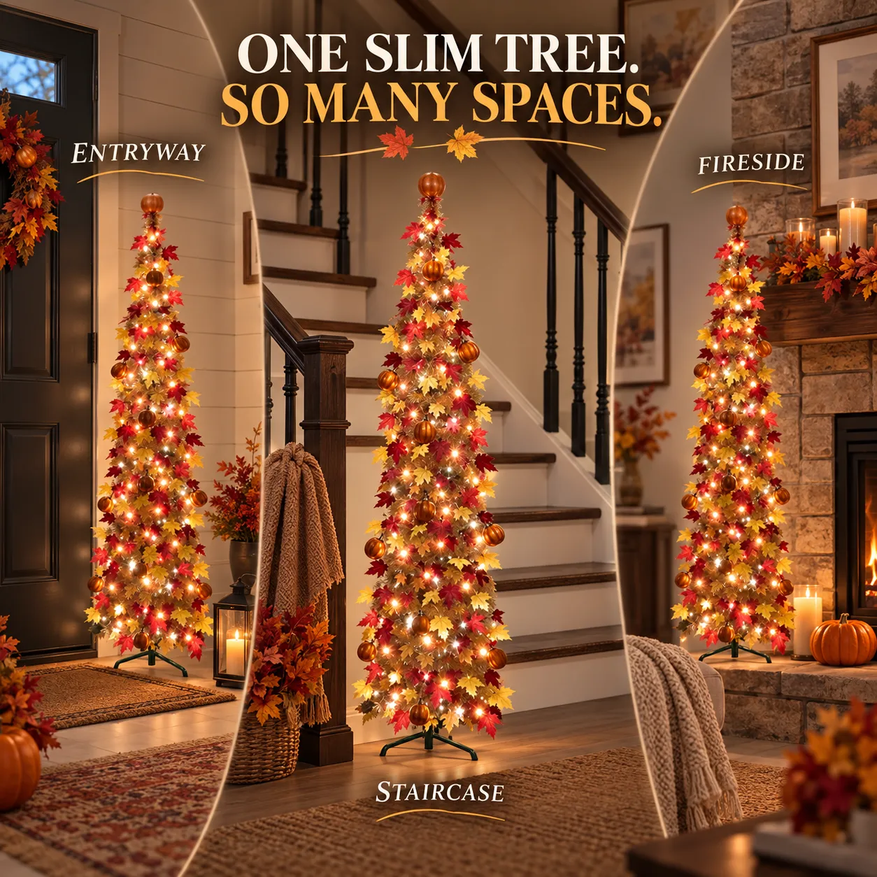 Slim illuminated fall tree shown in an entryway, staircase, and fireside setting