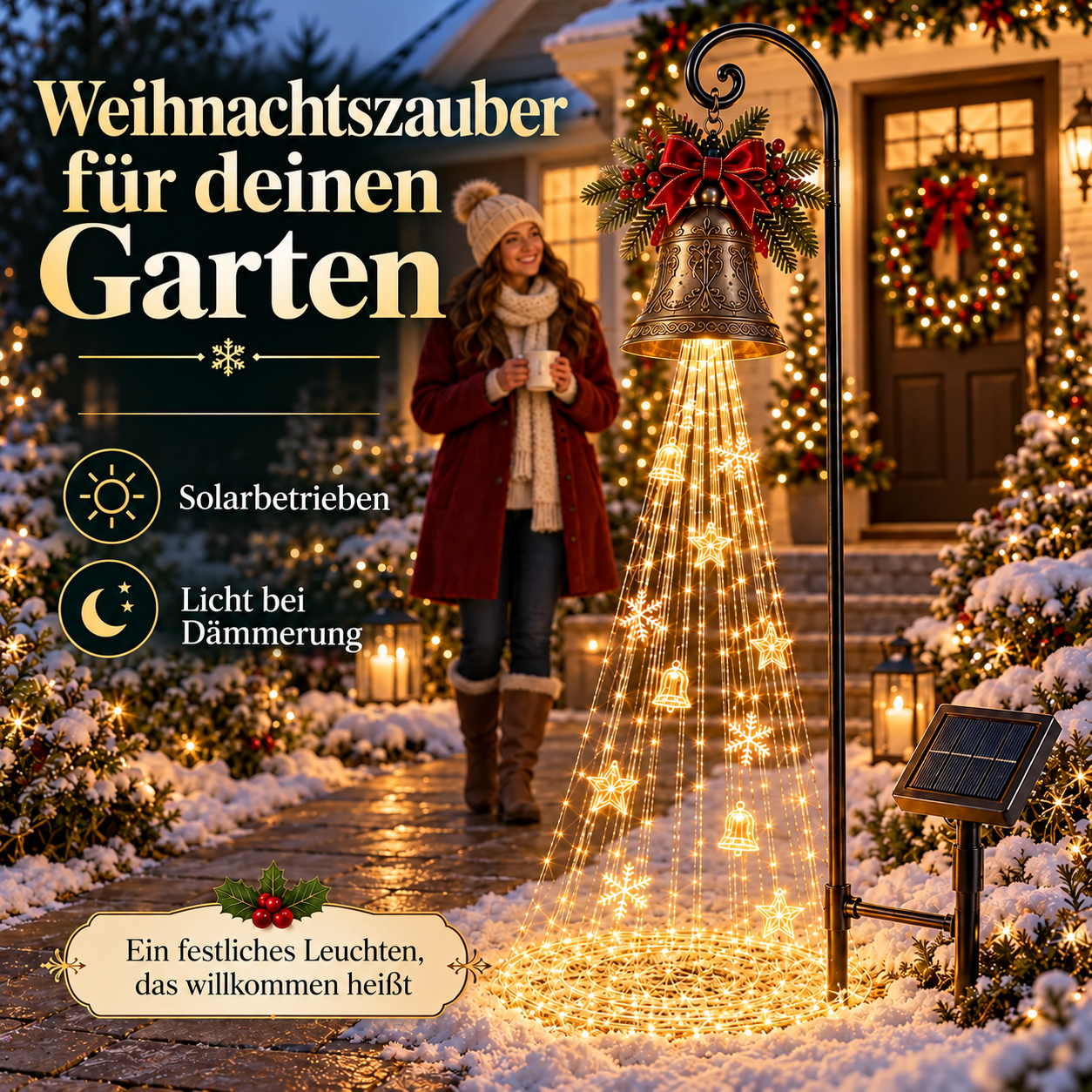 🔔 Solar-Weihnachtsglocke mit warmweißem Lichtfall 🎄