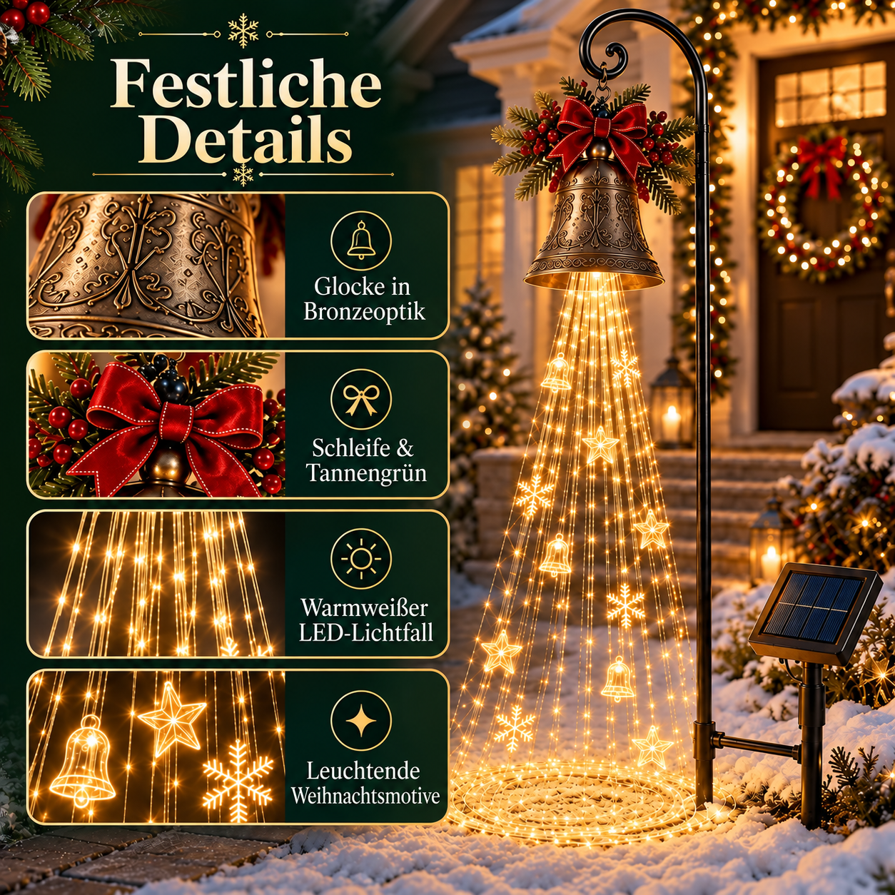 🔔 Solar-Weihnachtsglocke mit warmweißem Lichtfall 🎄 – weitere Ansicht