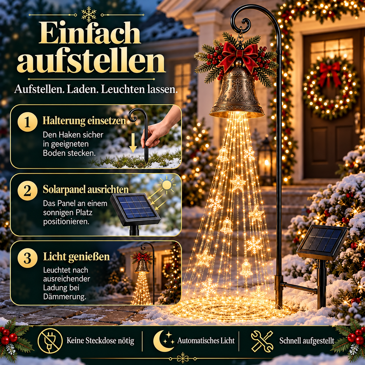 🔔 Solar-Weihnachtsglocke mit warmweißem Lichtfall 🎄
