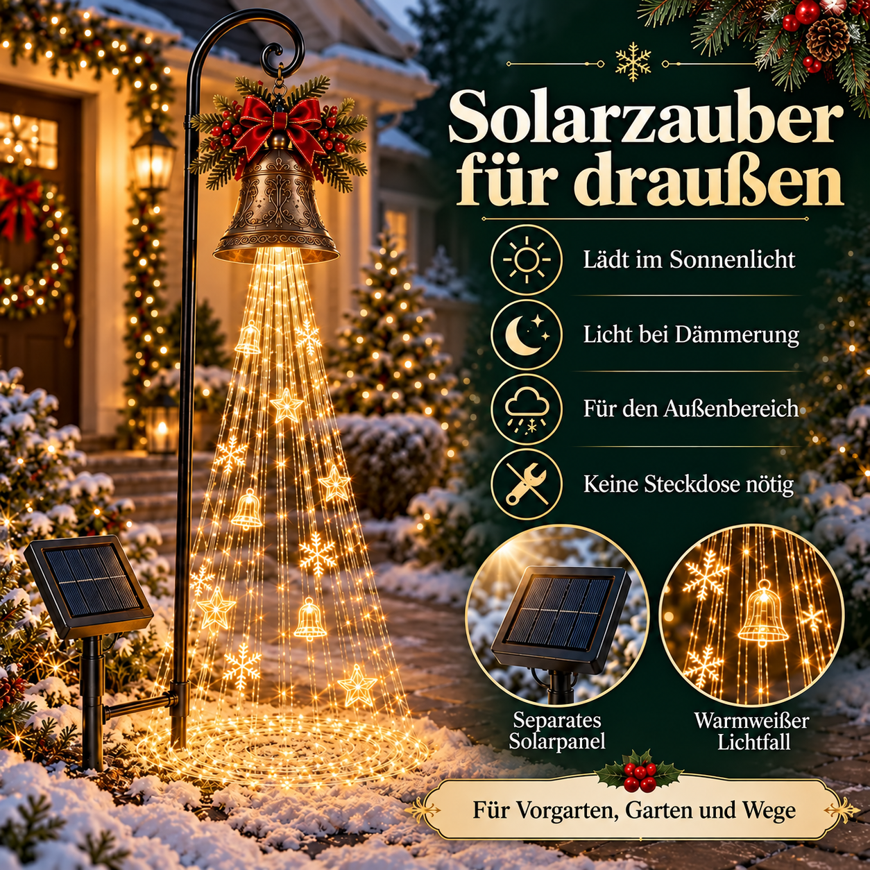 🔔 Solar-Weihnachtsglocke mit warmweißem Lichtfall 🎄