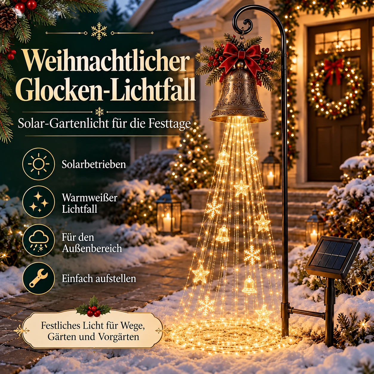 🔔 Solar-Weihnachtsglocke mit warmweißem Lichtfall 🎄