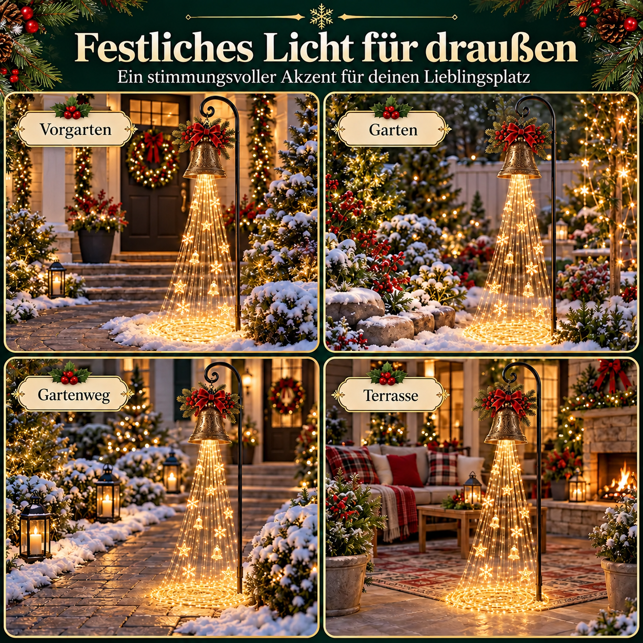 🔔 Solar-Weihnachtsglocke mit warmweißem Lichtfall 🎄